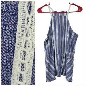 Hollister Juniors Small Soft Blue Stripe Sleeveless Crochet Top Ruffle Racerback